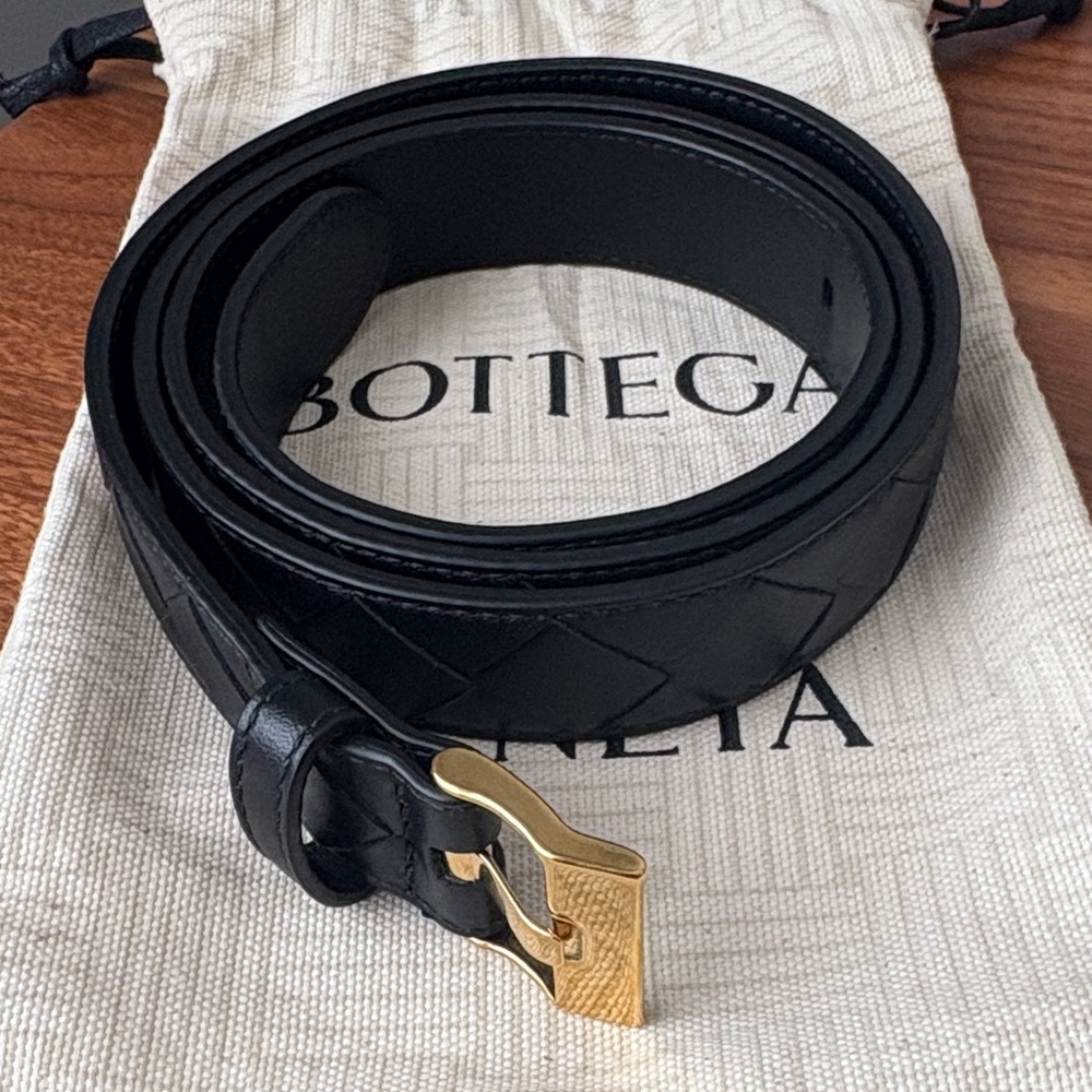 Bottega Veneta NEW Black Leather Belt with Gold Buckle
